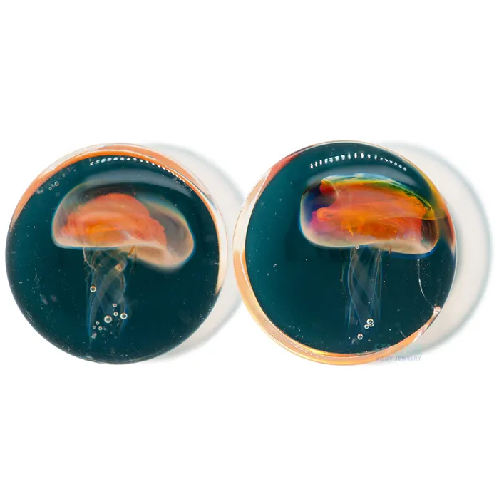 Glasswear Studios Earrings Jellyfish AmberPurple on Dark Aqua Glass Plugs