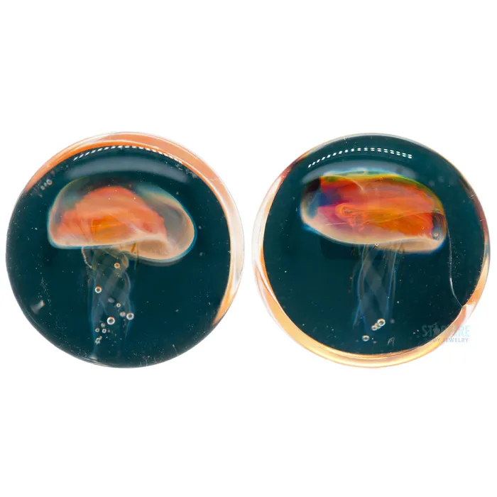 Glasswear Studios Earrings Jellyfish AmberPurple on Dark Aqua Glass Plugs