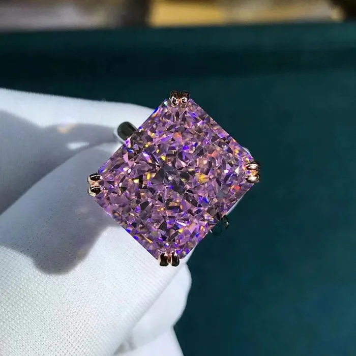 Leyloon Jewelry Rings 15 Carat Pink Radiant Cut Double Claw Solitaire Cathedral Moissanite Ring