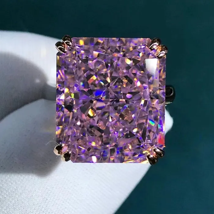 Leyloon Jewelry Rings 15 Carat Pink Radiant Cut Double Claw Solitaire Cathedral Moissanite Ring