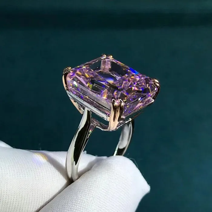 Leyloon Jewelry Rings 15 Carat Pink Radiant Cut Double Claw Solitaire Cathedral Moissanite Ring