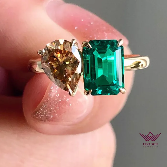 Leyloon Jewelry Rings TwoStone Deep Champagne Pear Cut Zambian Emerald Cut Ring Leyloon Jewelry Rings TwoStone Deep Champagne Pear Cut Zambian Emerald Cut Ring