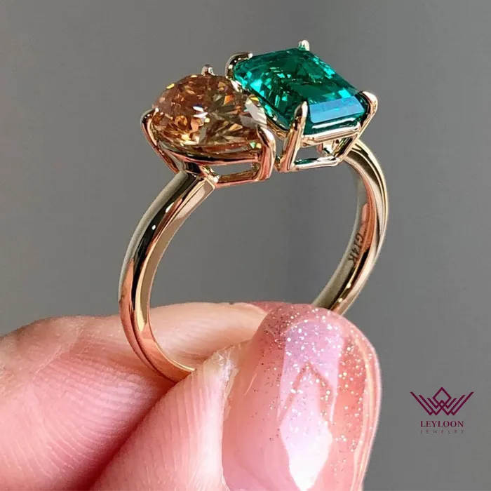 Leyloon Jewelry Rings TwoStone Deep Champagne Pear Cut Zambian Emerald Cut Ring