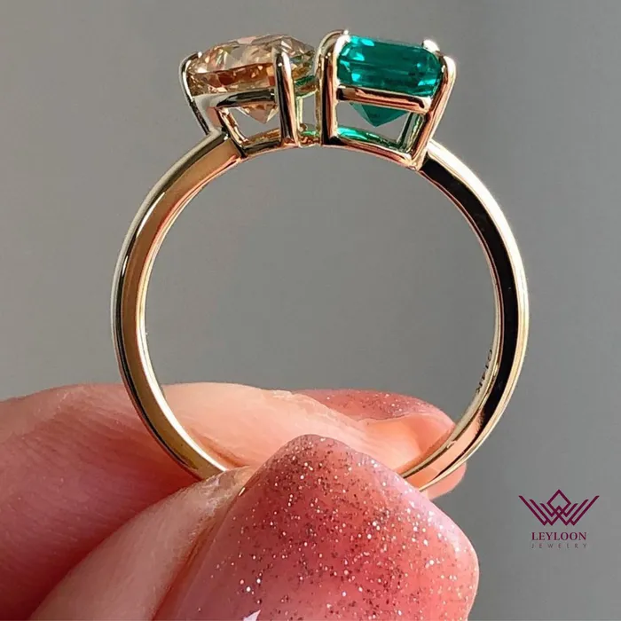 Leyloon Jewelry Rings TwoStone Deep Champagne Pear Cut Zambian Emerald Cut Ring