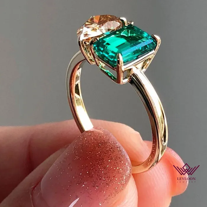 Leyloon Jewelry Rings TwoStone Deep Champagne Pear Cut Zambian Emerald Cut Ring