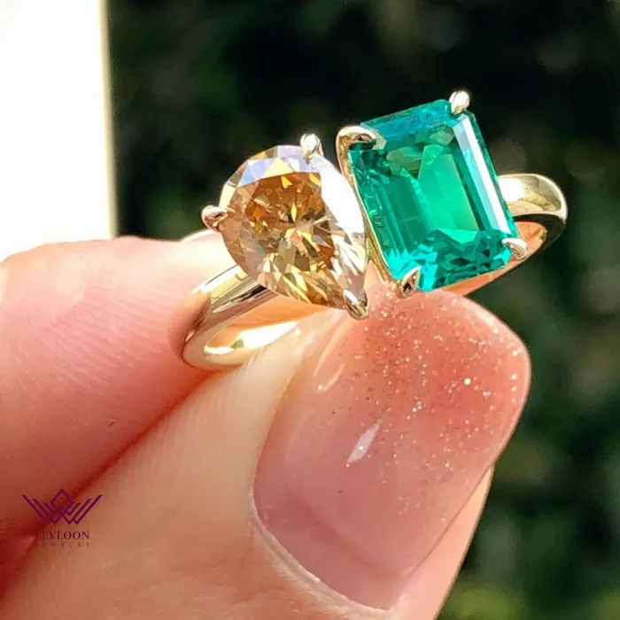 Leyloon Jewelry Rings TwoStone Deep Champagne Pear Cut Zambian Emerald Cut Ring