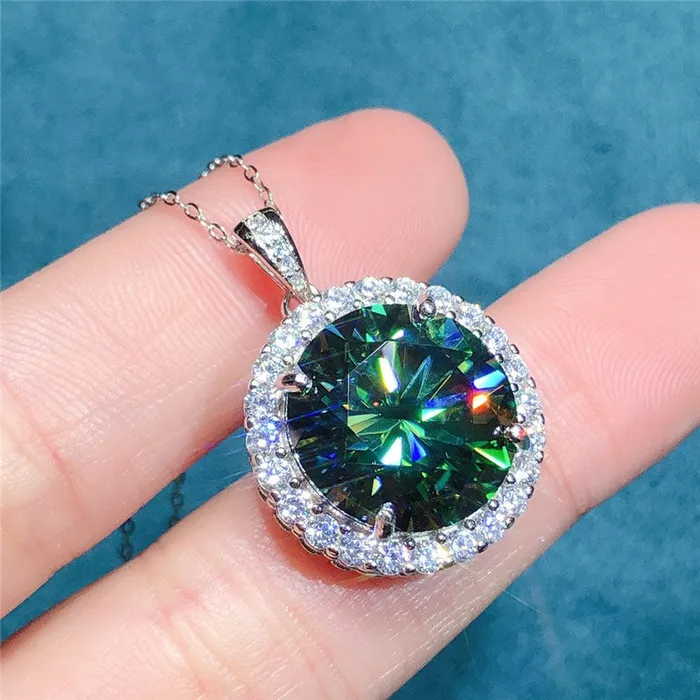 Necklaces 10 Carat Dark Green Round Cut 4 Prong Halo Solitaire Certified VVS Moissanite Necklace Leyloon Jewelry