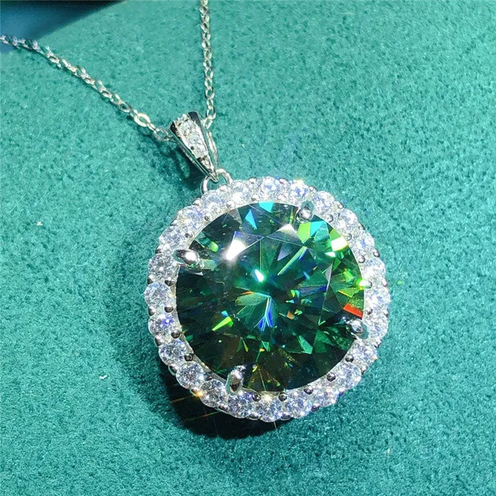 Necklaces 10 Carat Dark Green Round Cut 4 Prong Halo Solitaire Certified VVS Moissanite Necklace Leyloon Jewelry