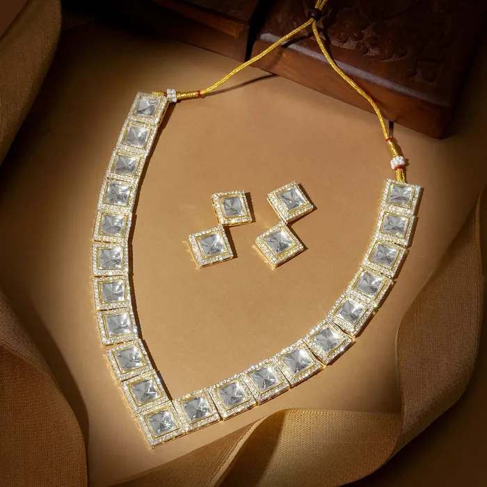 Necklaces Teejh Moksha Light Gold Uncut Stone Necklace Set Teejh