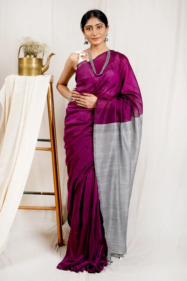 Necklaces Teejh Teejh Raisin Purple and Grey Mulmul Cotton Saree