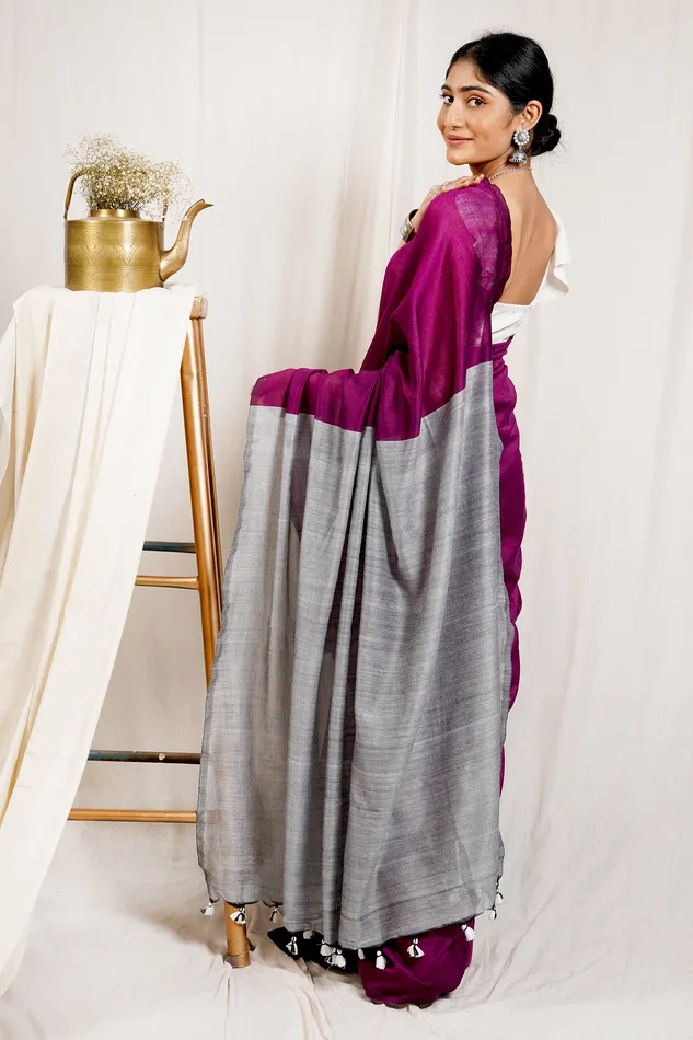 Necklaces Teejh Teejh Raisin Purple and Grey Mulmul Cotton Saree