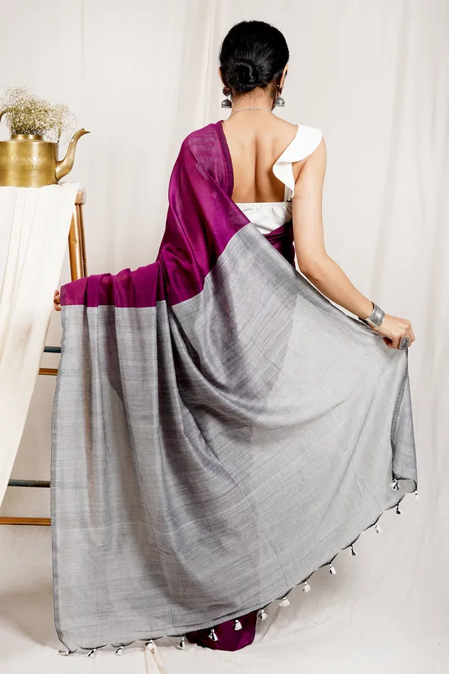 Necklaces Teejh Teejh Raisin Purple and Grey Mulmul Cotton Saree