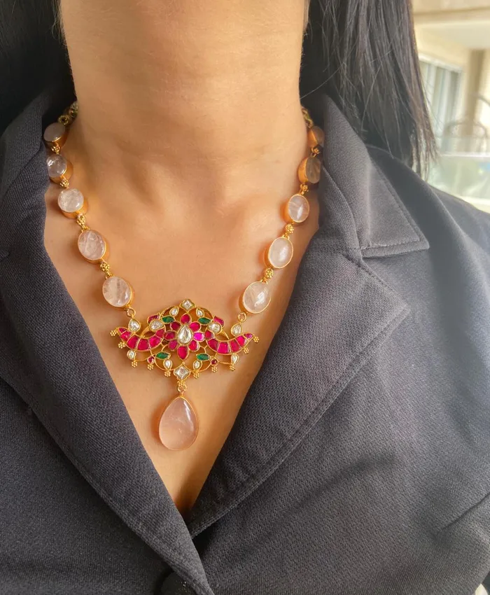 Niharika Rose Quartz Indian Necklace Set Attrangi Necklaces