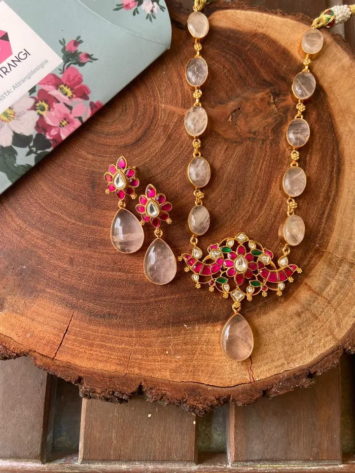 Niharika Rose Quartz Indian Necklace Set Attrangi Necklaces