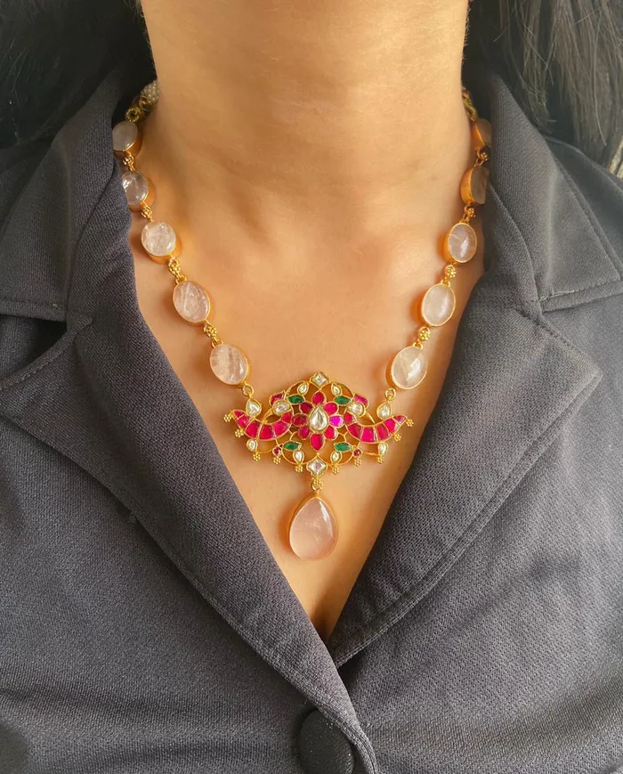 Niharika Rose Quartz Indian Necklace Set Attrangi Necklaces