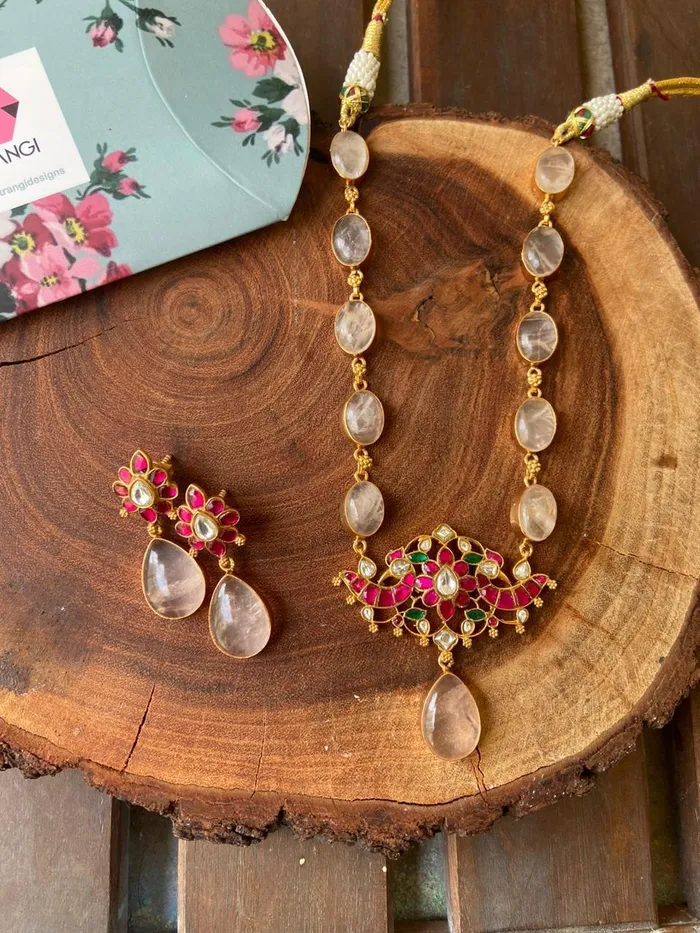 Niharika Rose Quartz Indian Necklace Set Attrangi Necklaces