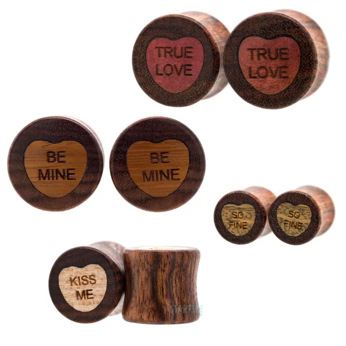 Omerica Organic Sweet Heart Wood Inlay Plugs Necklaces
