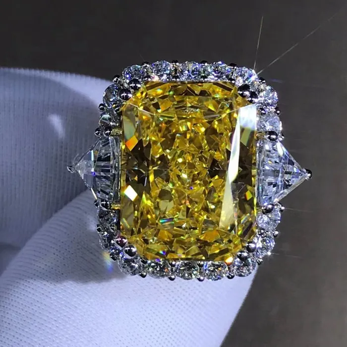 Rings 10 Carat Radiant cut Moissanite Ring Rare Vivid Yellow VVS Halo Three Stone Leyloon Jewelry Rings 10 Carat Radiant cut Moissanite Ring Rare Vivid Yellow VVS Halo Three Stone Leyloon Jewelry
