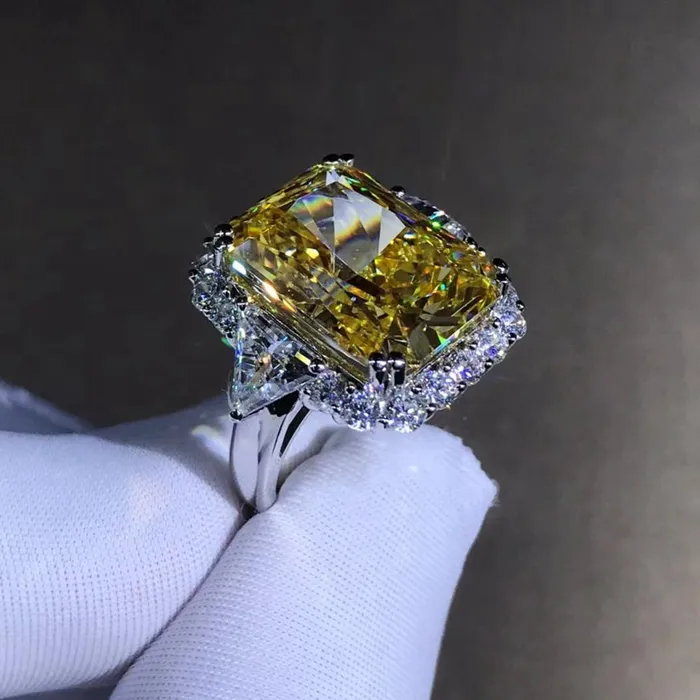 Rings 10 Carat Radiant cut Moissanite Ring Rare Vivid Yellow VVS Halo Three Stone Leyloon Jewelry