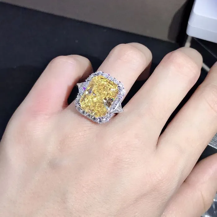 Rings 10 Carat Radiant cut Moissanite Ring Rare Vivid Yellow VVS Halo Three Stone Leyloon Jewelry