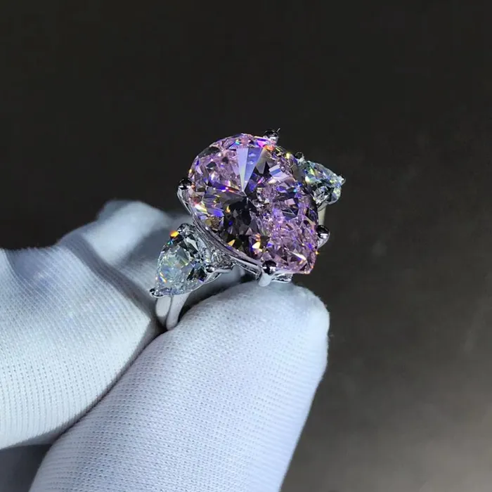Rings Leyloon Jewelry 6 Carat Pink Pear Cut Three Stone VVS Moissanite Ring