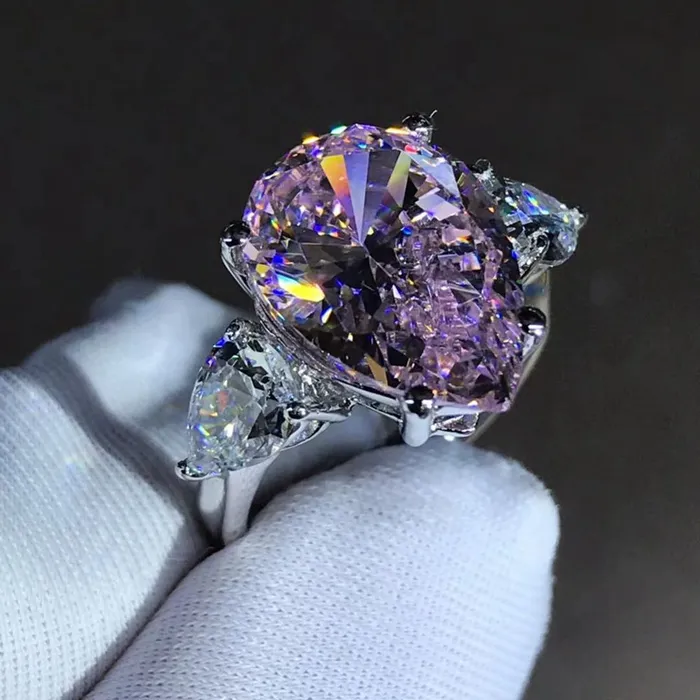 Rings Leyloon Jewelry 6 Carat Pink Pear Cut Three Stone VVS Moissanite Ring