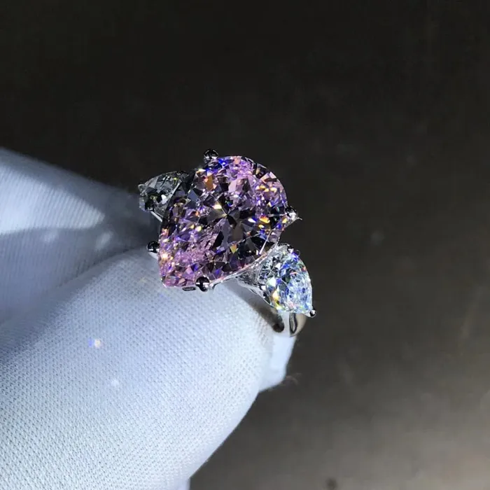 Rings Leyloon Jewelry 6 Carat Pink Pear Cut Three Stone VVS Moissanite Ring