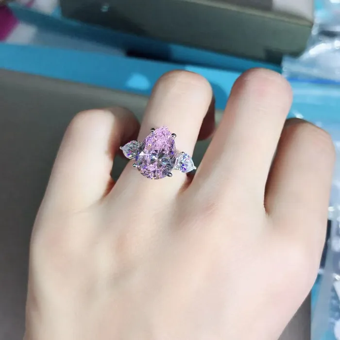 Rings Leyloon Jewelry 6 Carat Pink Pear Cut Three Stone VVS Moissanite Ring
