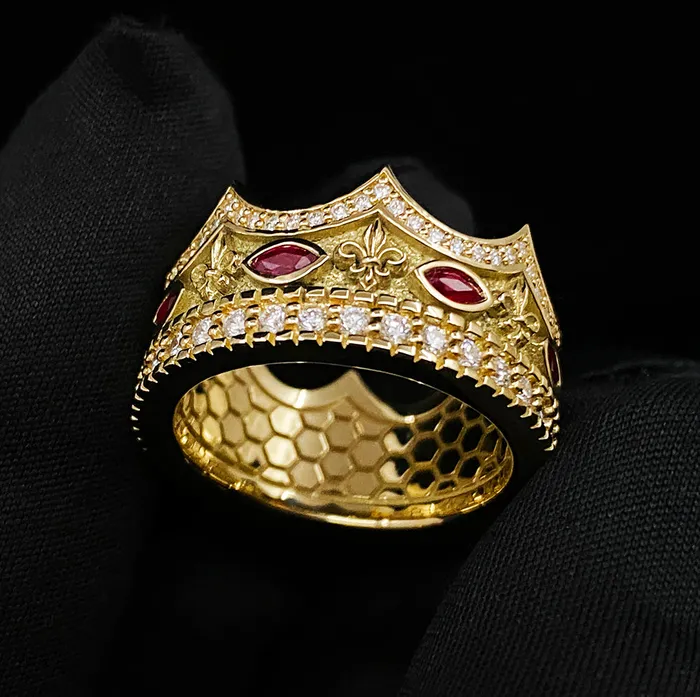 Rings Proclamation Jewelry Majesty Gold Crown Ring with diamonds and rubies