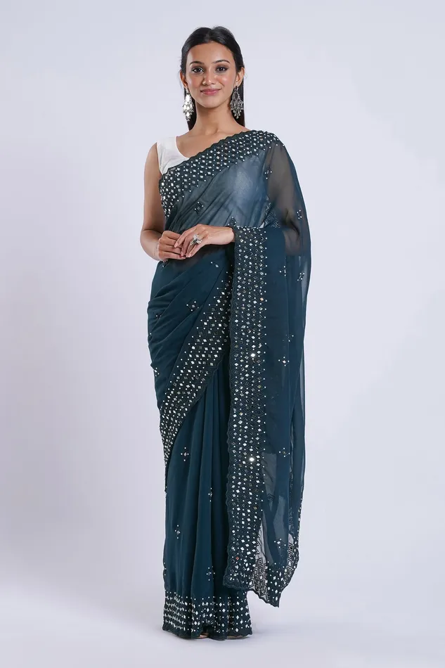 Rings Teejh Teejh Daivya Blue Georgette Mirror Work Saree