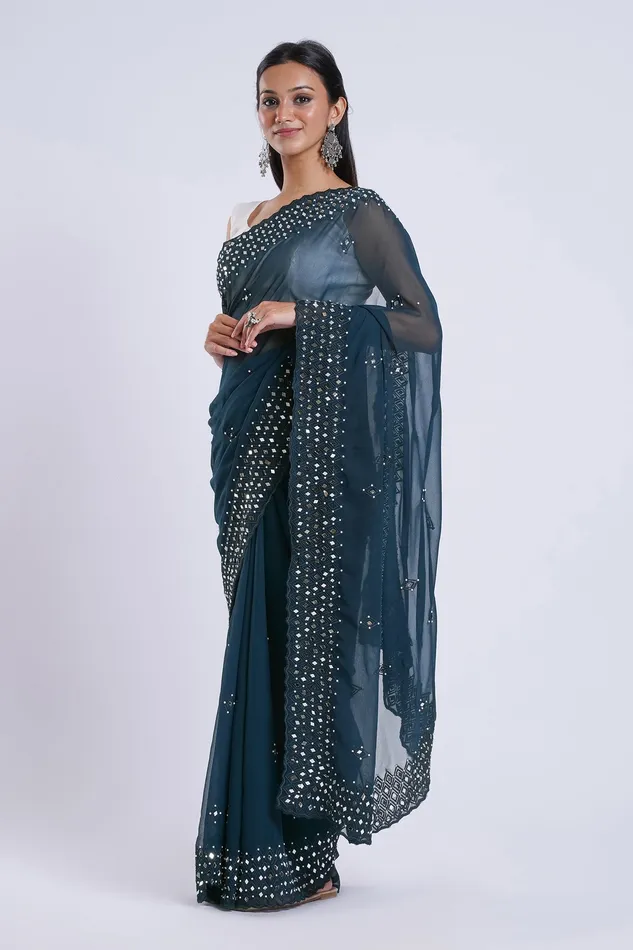 Rings Teejh Teejh Daivya Blue Georgette Mirror Work Saree