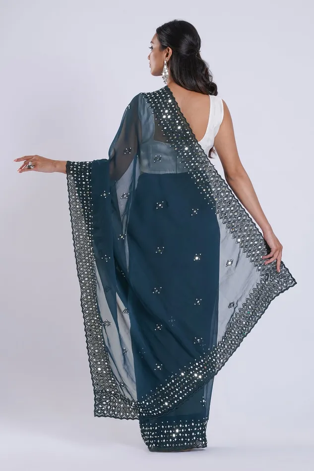 Rings Teejh Teejh Daivya Blue Georgette Mirror Work Saree