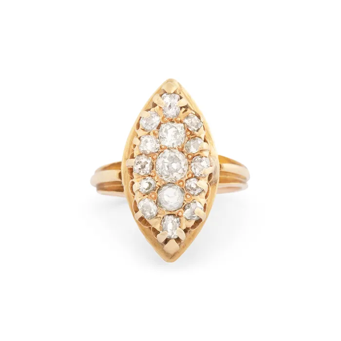 Rings Victorian Navette Old Mine Cut Diamond And 12k Gold Ring Antique