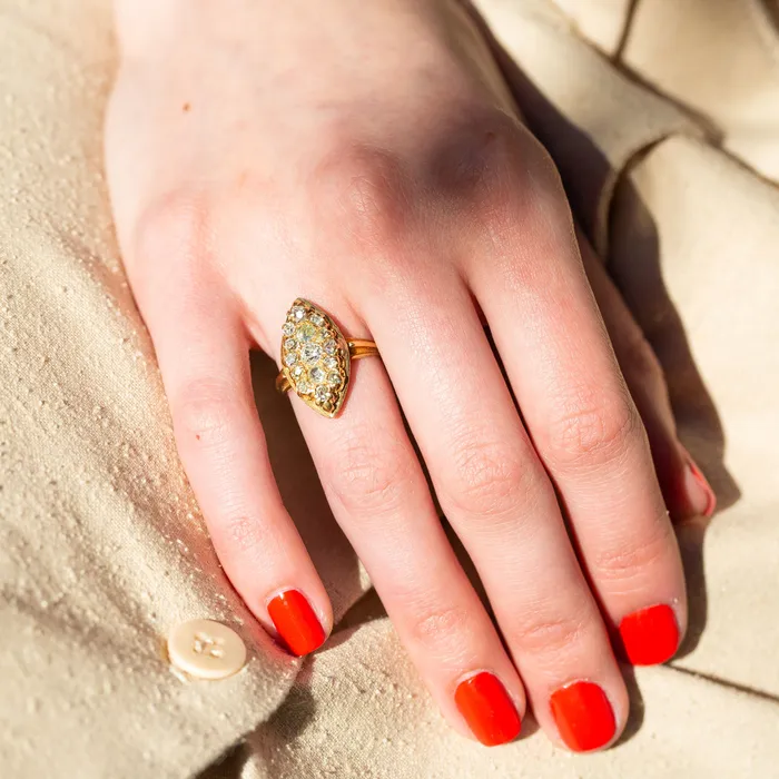 Rings Victorian Navette Old Mine Cut Diamond And 12k Gold Ring Antique
