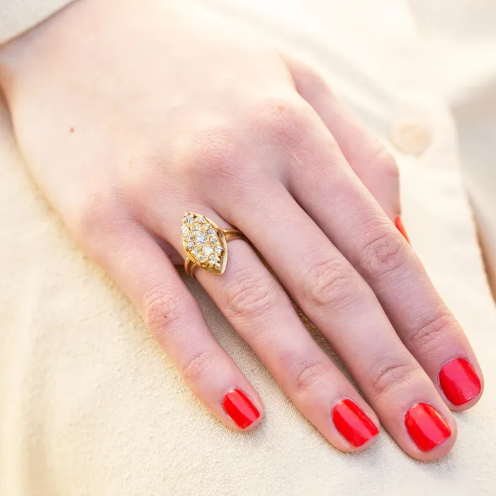 Rings Victorian Navette Old Mine Cut Diamond And 12k Gold Ring Antique