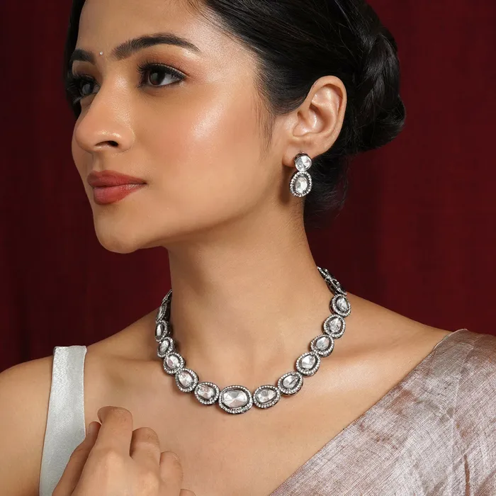 Teejh Kanak Silver Oxidised Uncut Polki Set Teejh Rings