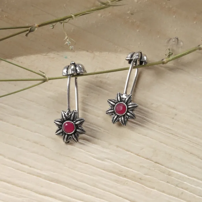 Teejh Krisha Red Stone Silver Oxidsed Clip On Bugadi Teejh Rings