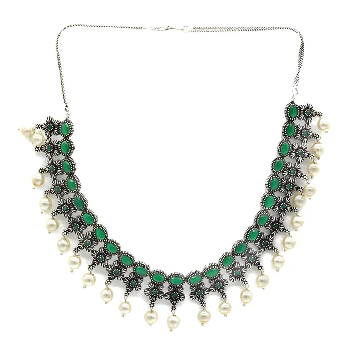 Teejh Necklaces Ekladh Green Stone Silver Pearl Necklace Set