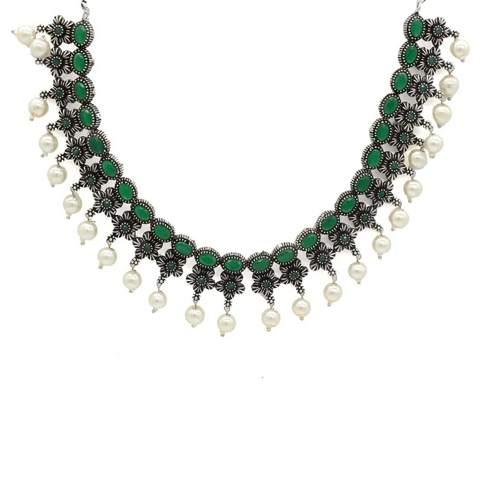 Teejh Necklaces Ekladh Green Stone Silver Pearl Necklace Set