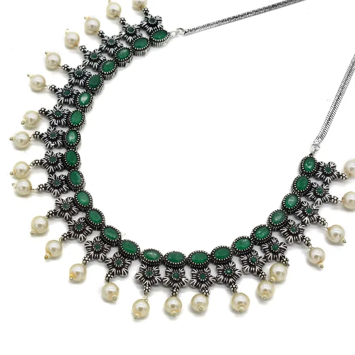Teejh Necklaces Ekladh Green Stone Silver Pearl Necklace Set