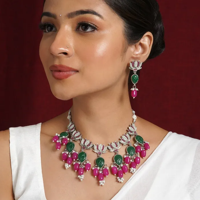 Teejh Necklaces Teejh Sadhani Silver Oxidised Pink And Green Necklace Set