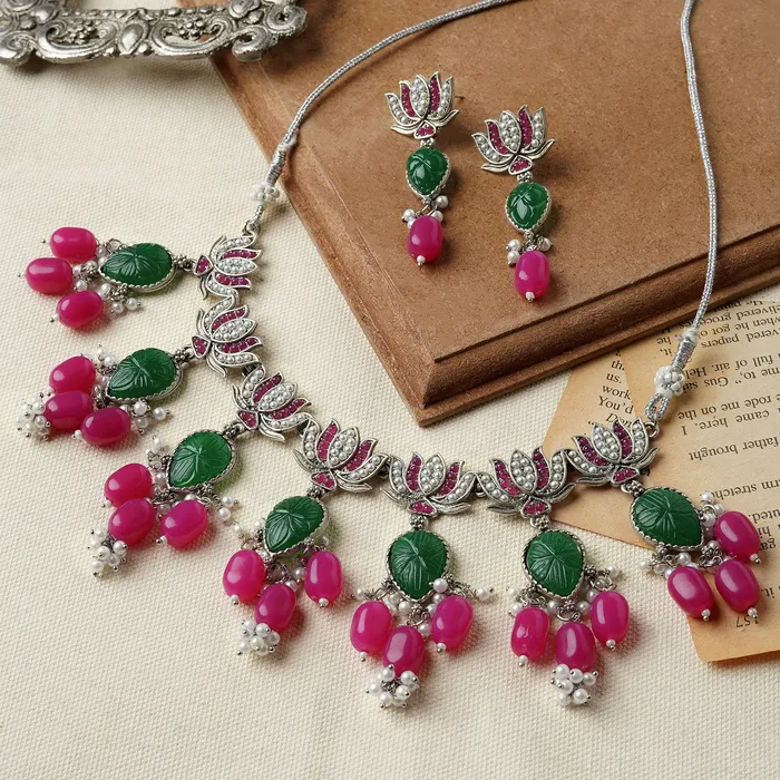 Teejh Necklaces Teejh Sadhani Silver Oxidised Pink And Green Necklace Set