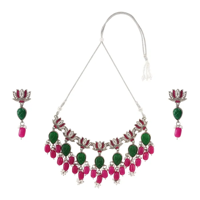 Teejh Necklaces Teejh Sadhani Silver Oxidised Pink And Green Necklace Set