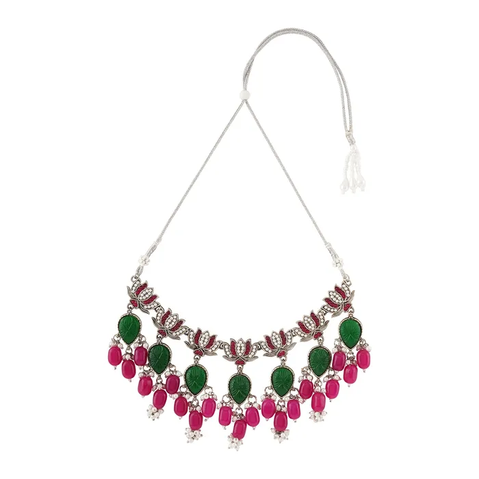 Teejh Necklaces Teejh Sadhani Silver Oxidised Pink And Green Necklace Set