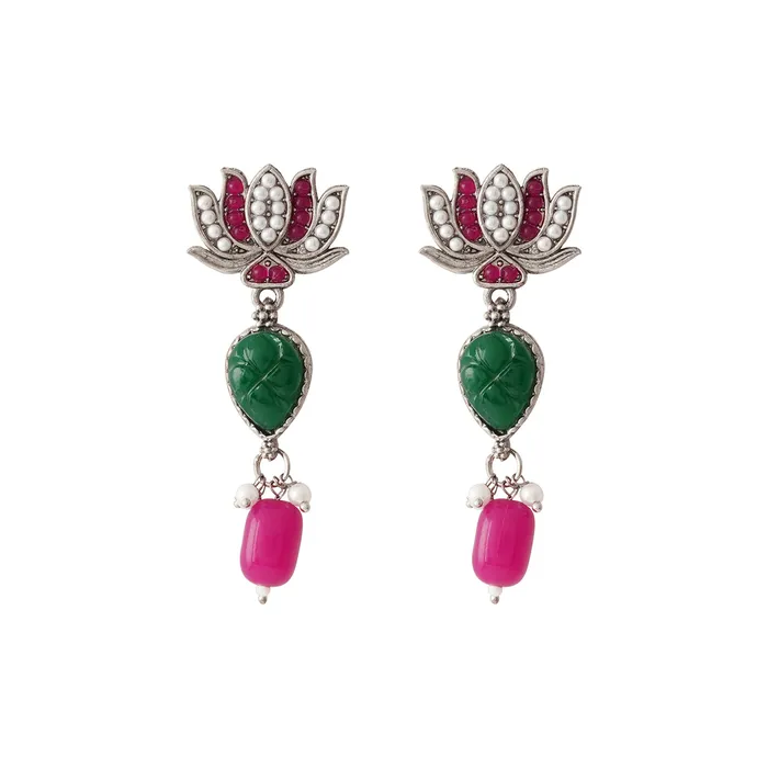 Teejh Necklaces Teejh Sadhani Silver Oxidised Pink And Green Necklace Set