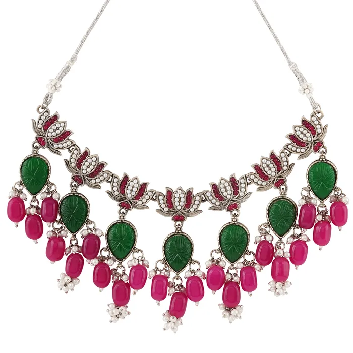 Teejh Necklaces Teejh Sadhani Silver Oxidised Pink And Green Necklace Set
