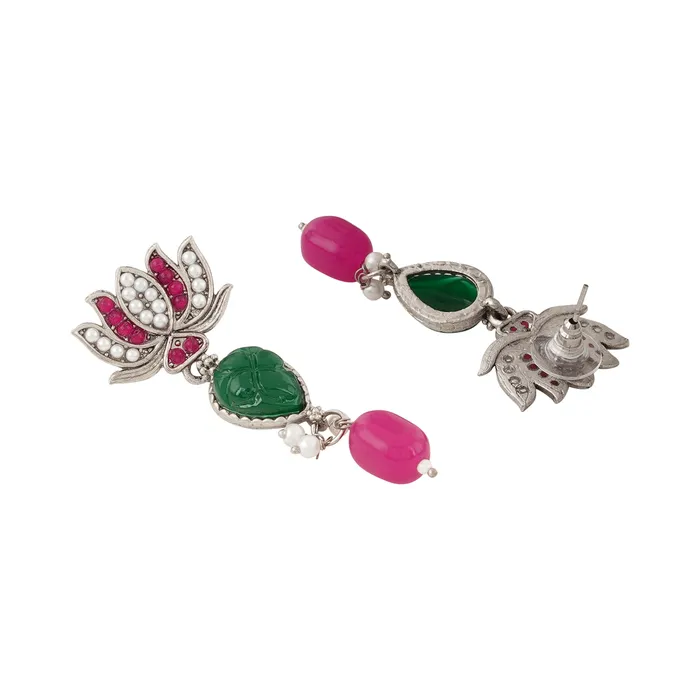 Teejh Necklaces Teejh Sadhani Silver Oxidised Pink And Green Necklace Set