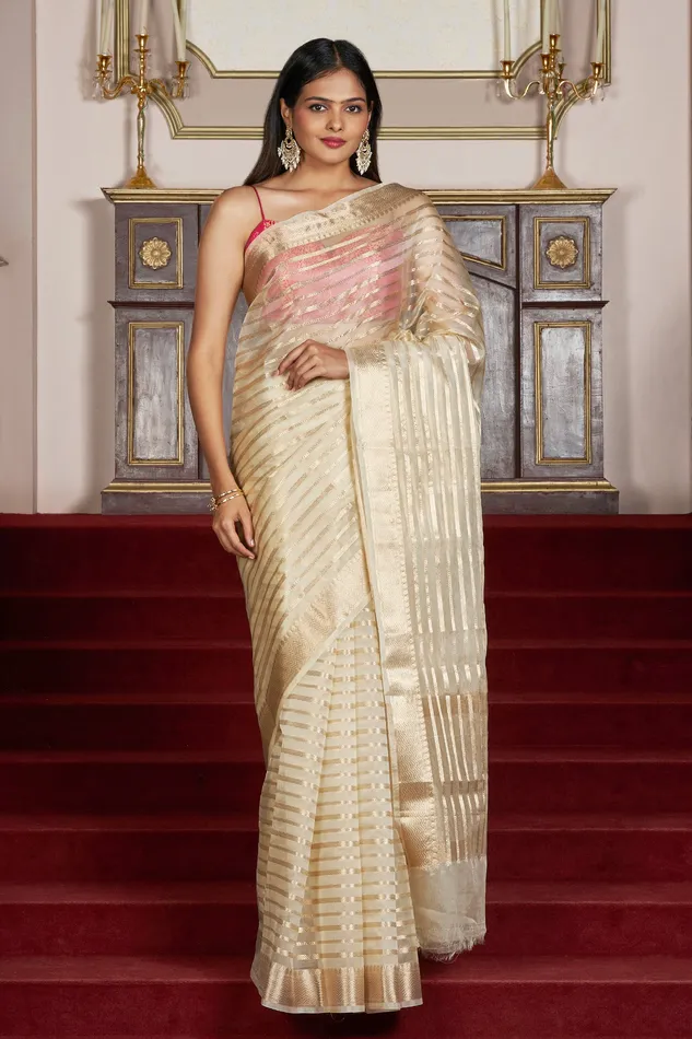 Teejh Teejh Bathak Off White Organza Lining Saree Rings