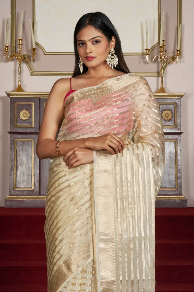 Teejh Teejh Bathak Off White Organza Lining Saree Rings