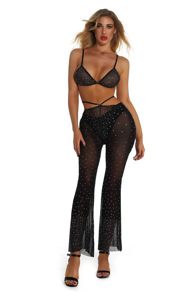 THE LUMI SHOP Black Rhinestone Top Pants Set Rings